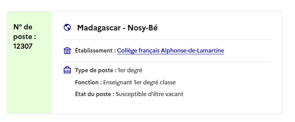 Pour plus de renseignements, vous pouvez consulter le site de l’AEFE : https://aefe.gouv.fr/fr/recrutement/recrutement-des-detaches-sur-missions-enseignement-education-administration/conditions-et-modalites-de-candidature La notice ci-dessous vous détaille la procédure de constitution du dossier, les pièces à joindre, et l’adresse d’envoi. Merci de bien respecter le format attendu (un seul fichier pdf non zippé). Le dossier peut être envoyé également en copie directement à l’établissement à l’adresse accueil@collegefrancais-lamartine-nosybe.com